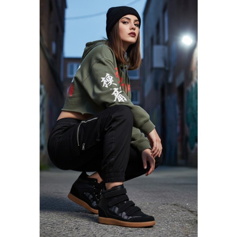 Black Stylish Fishnet Wedge High Top Sneakers with Velcro Straps & Rubber Sole 9